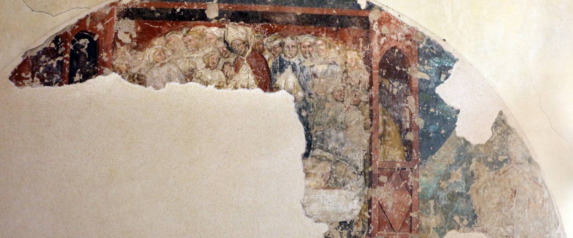 Artista bolognese o veneto, santo vescovo e frati, 1350-1400 ca., da sacello del campanile di s. stefano, ferrara foto di Sailko